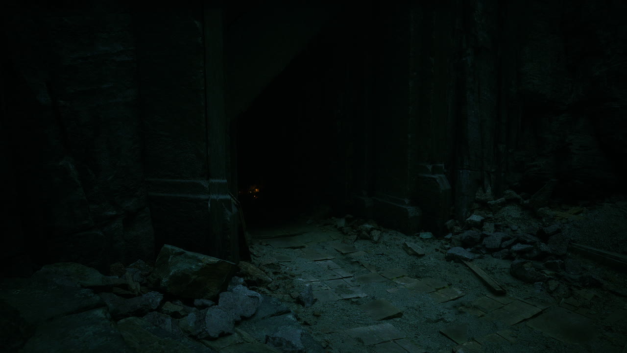 Lantern light illuminating an ancient stone path in a dark cave