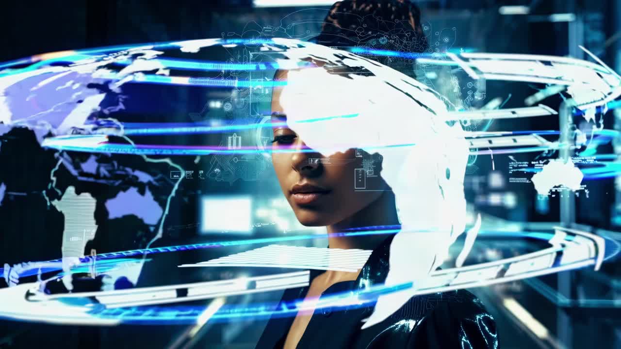 Futuristic video concept with a woman in a virtual reality interface