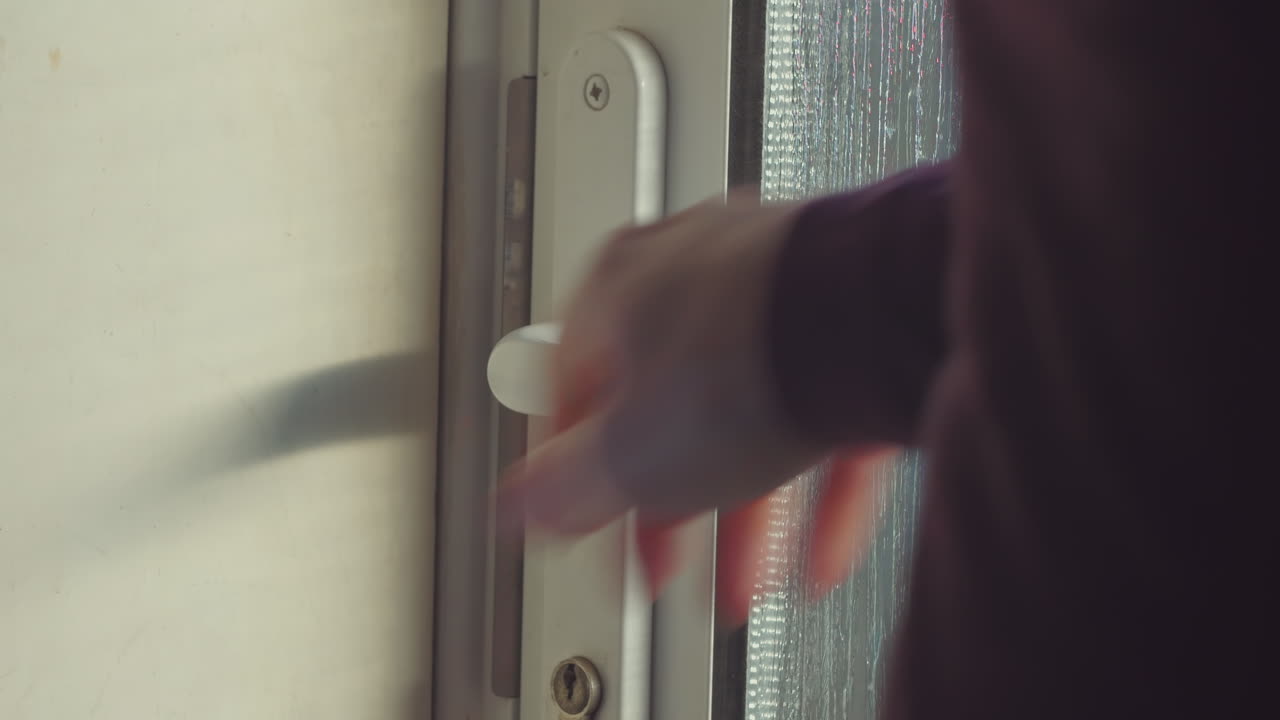 사람이 문을 닫고 손잡이를 잠근다, 클로즈업