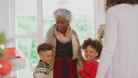 family greeting grandparents as they arrive with presents to celebrate christmas