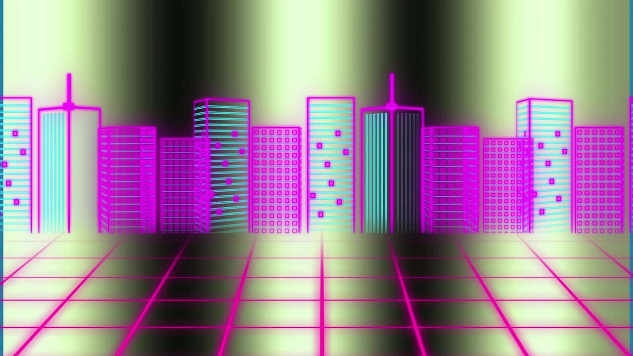Onde digitali verdi su un paesaggio urbano al neon con frecce durante l'elaborazione dati su sfondo arancione