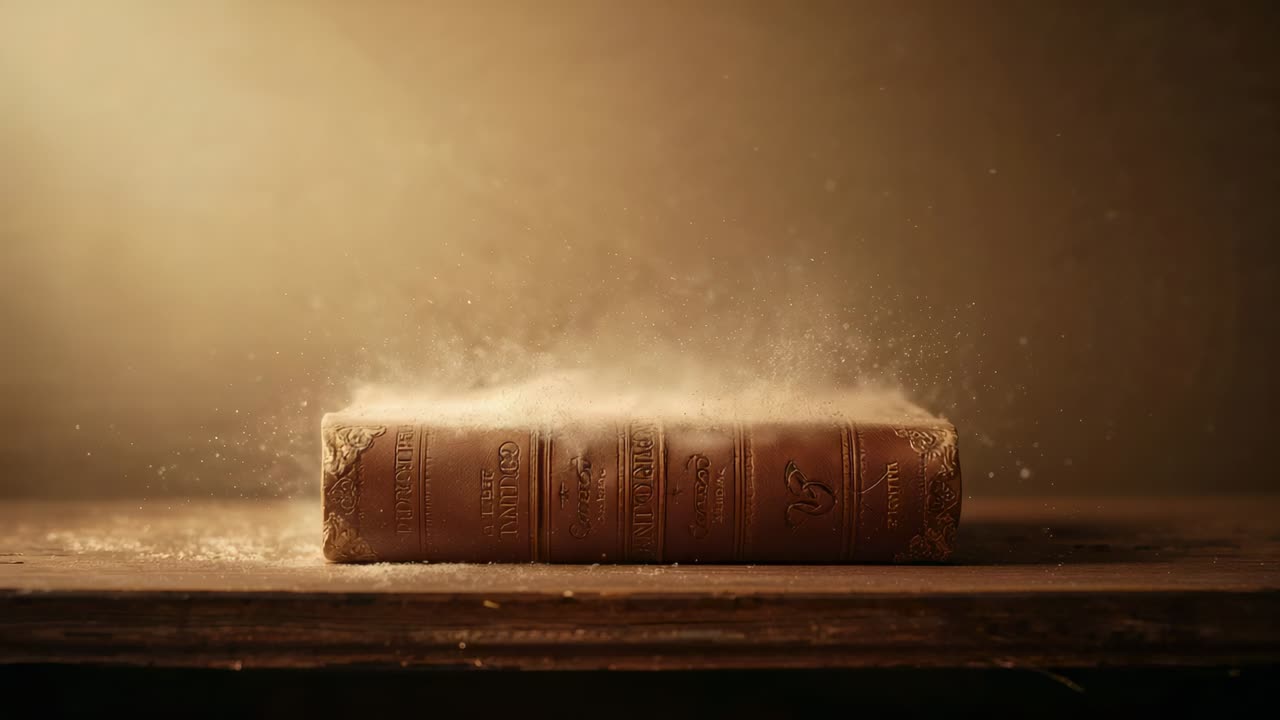 Sollevandosi dopo un disturbo, polvere che si sposta da un libro antico su un tavolo di legno, luce calda che rivela il dorso