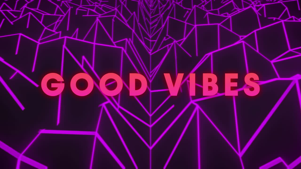 Animation af 'good vibes' i lyserød tekst over kantet lilla linjelandskab på sort baggrund