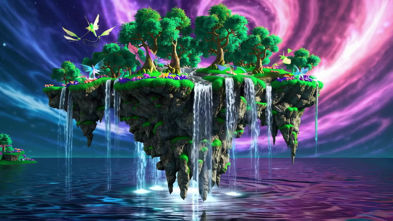 Vibrant Floating Island with Waterfalls and Fairies