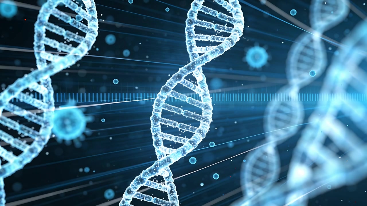 Telecamera che avanza e panoramica, elica di DNA centrale che mette a fuoco per la profondità in un campo blu con sfere e una scala.