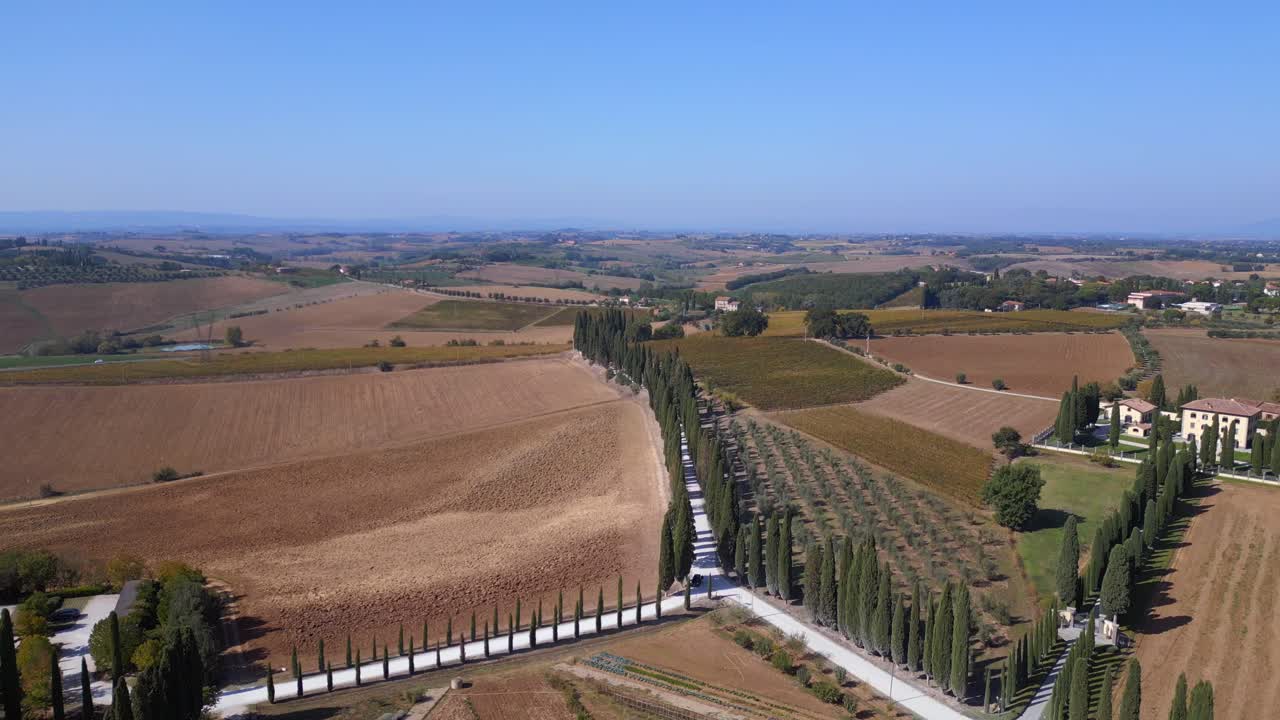 impresionante vista aérea de arriba vuelo toscana callejón de cipreses camino mediterráneo italia otoño 23