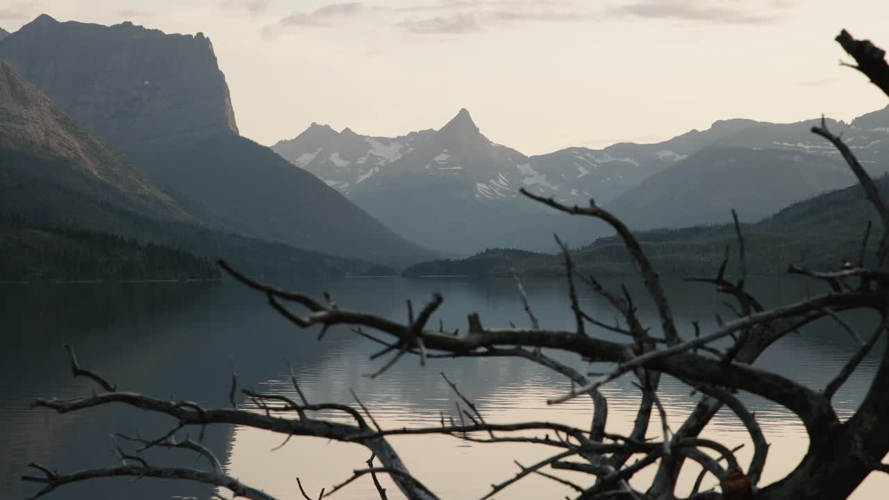 Hidden Lake and Montana's Rocky Mountains seen through leafless branches, Glacier National Park