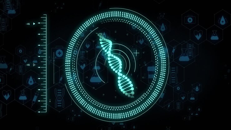 Animation of dna strand and digital data processing over black background