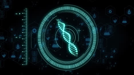 animation of dna strand and digital data processing over black background