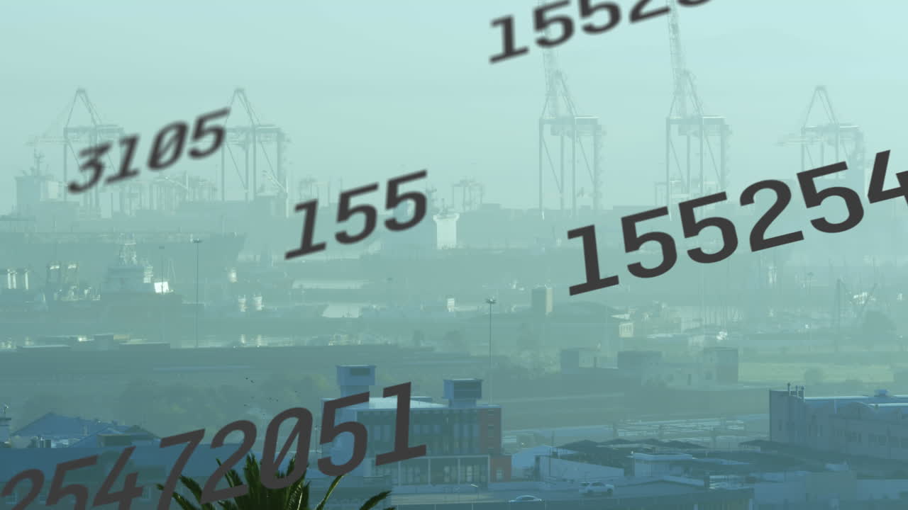 도시 풍경의 공중 풍경에 대한 변화하는 숫자의 애니메이션