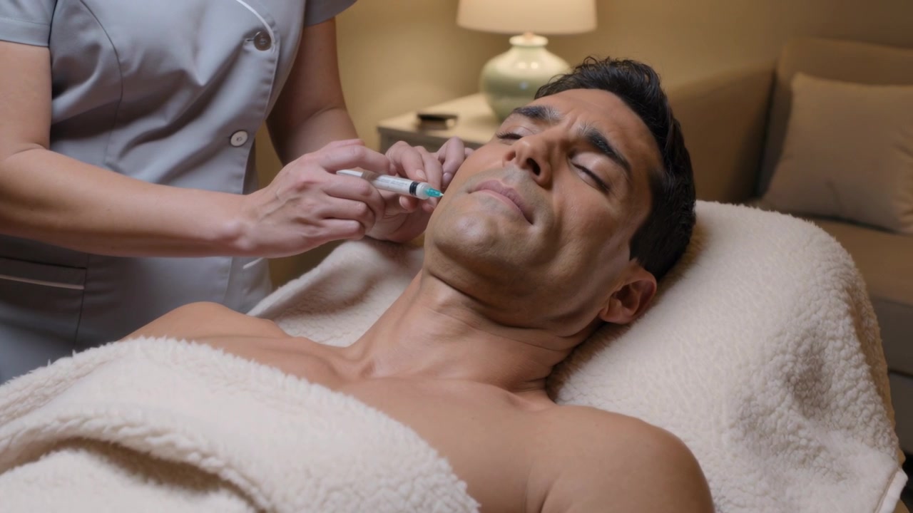 Iniziando, un clinico in uniforme grigia che contatta la mascella sinistra con un dispositivo a penna in una spa per il sollievo della mascella.