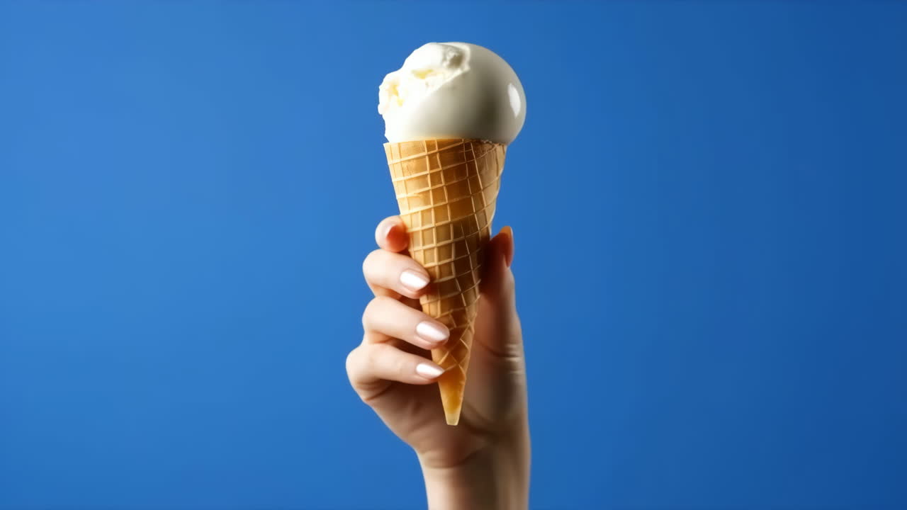 A hand holding a vanilla ice cream cone against a blue background
