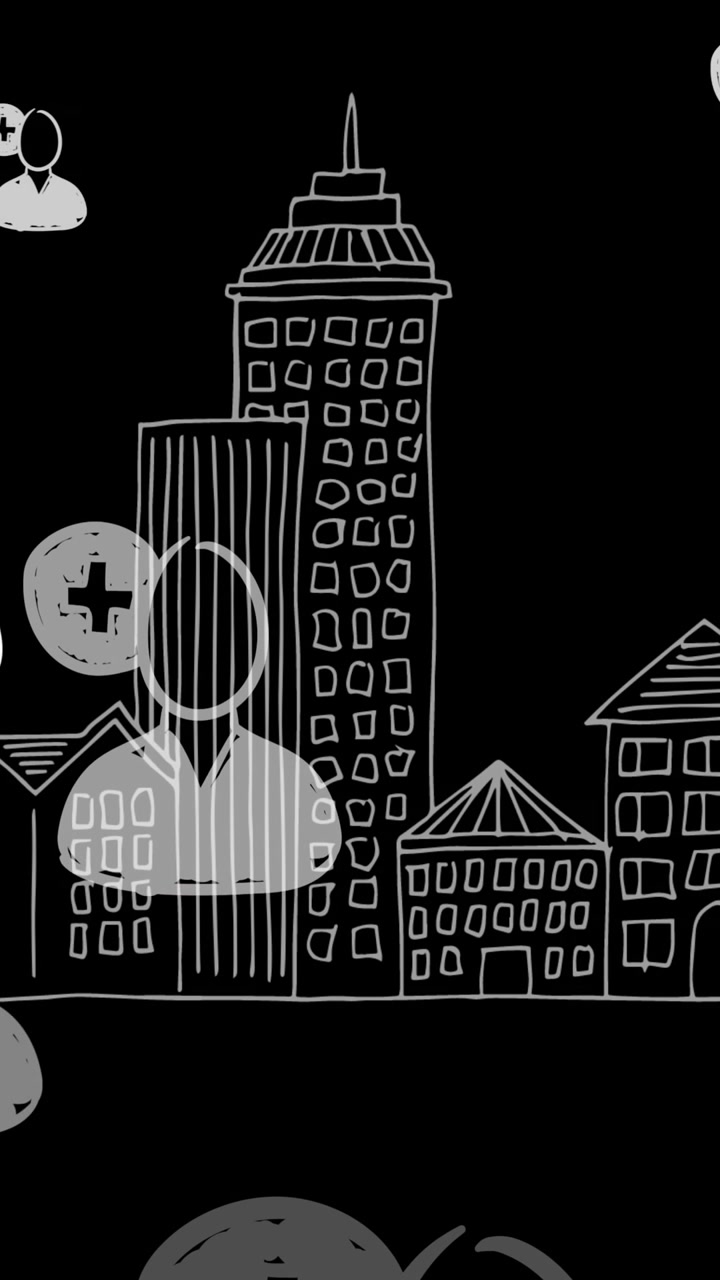 Video di icone dei social media che volano su un paesaggio urbano su sfondo nero