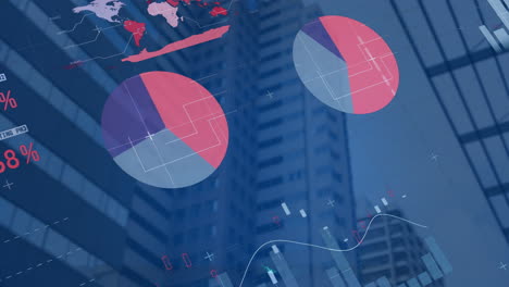 Animation of multicolored infographic interface over low angle view of modern buildings