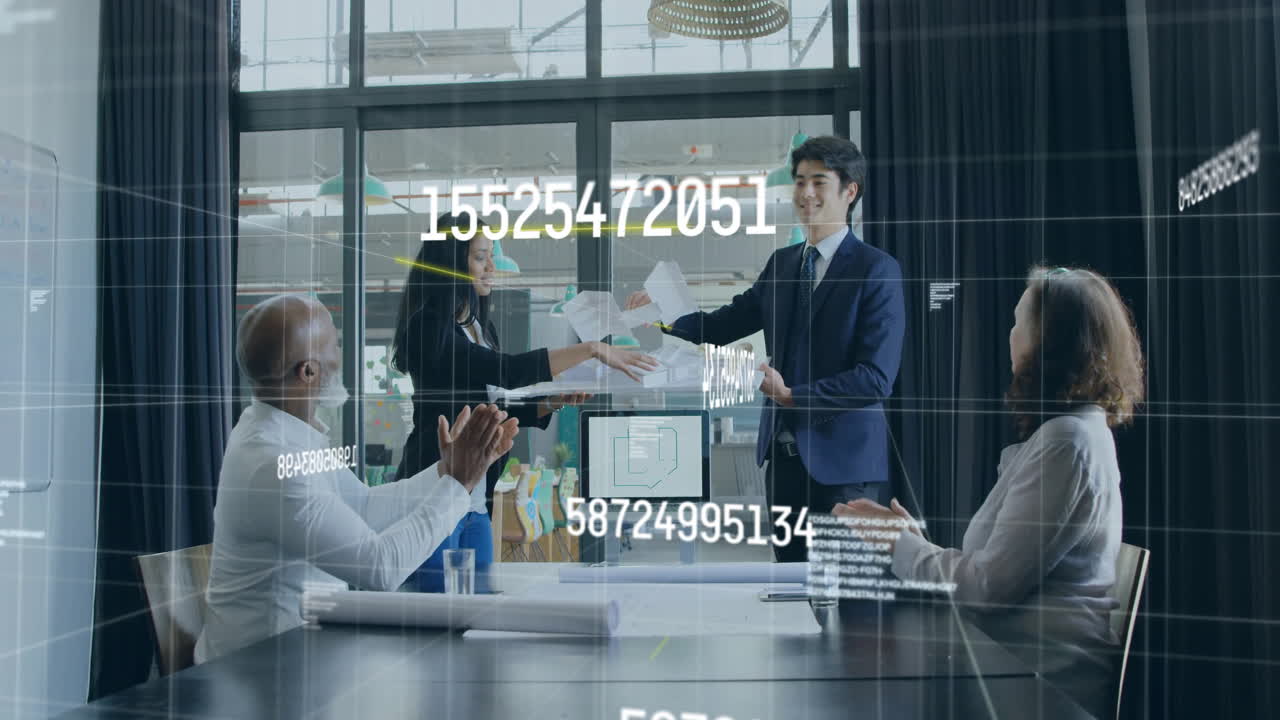 Animation of numbers processing over diverse business people in office