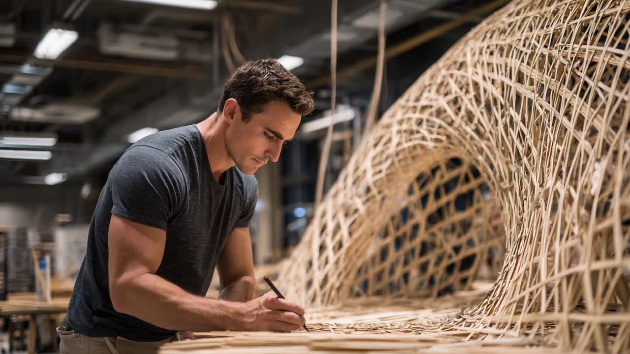 Craftsman Skillfully Shaping Natural Materials in Innovative Workshop, Creating Intricate Designs and Structures Through Expert Woodworking Techniques