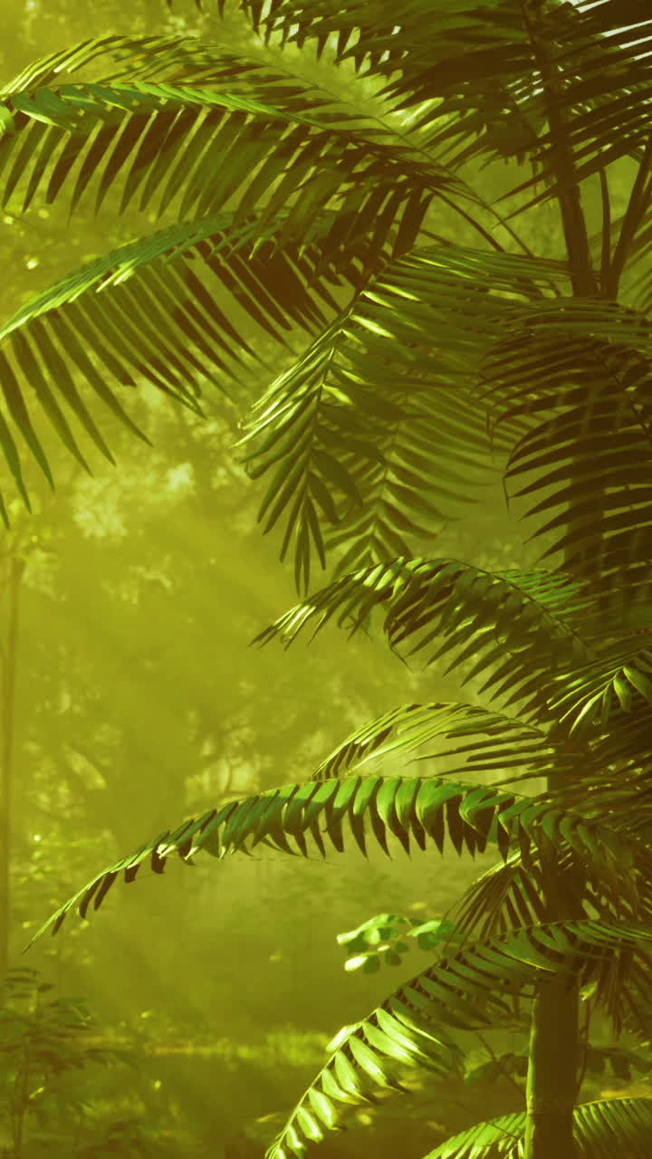 Lush green foliage in a serene forest with soft golden light filtering through