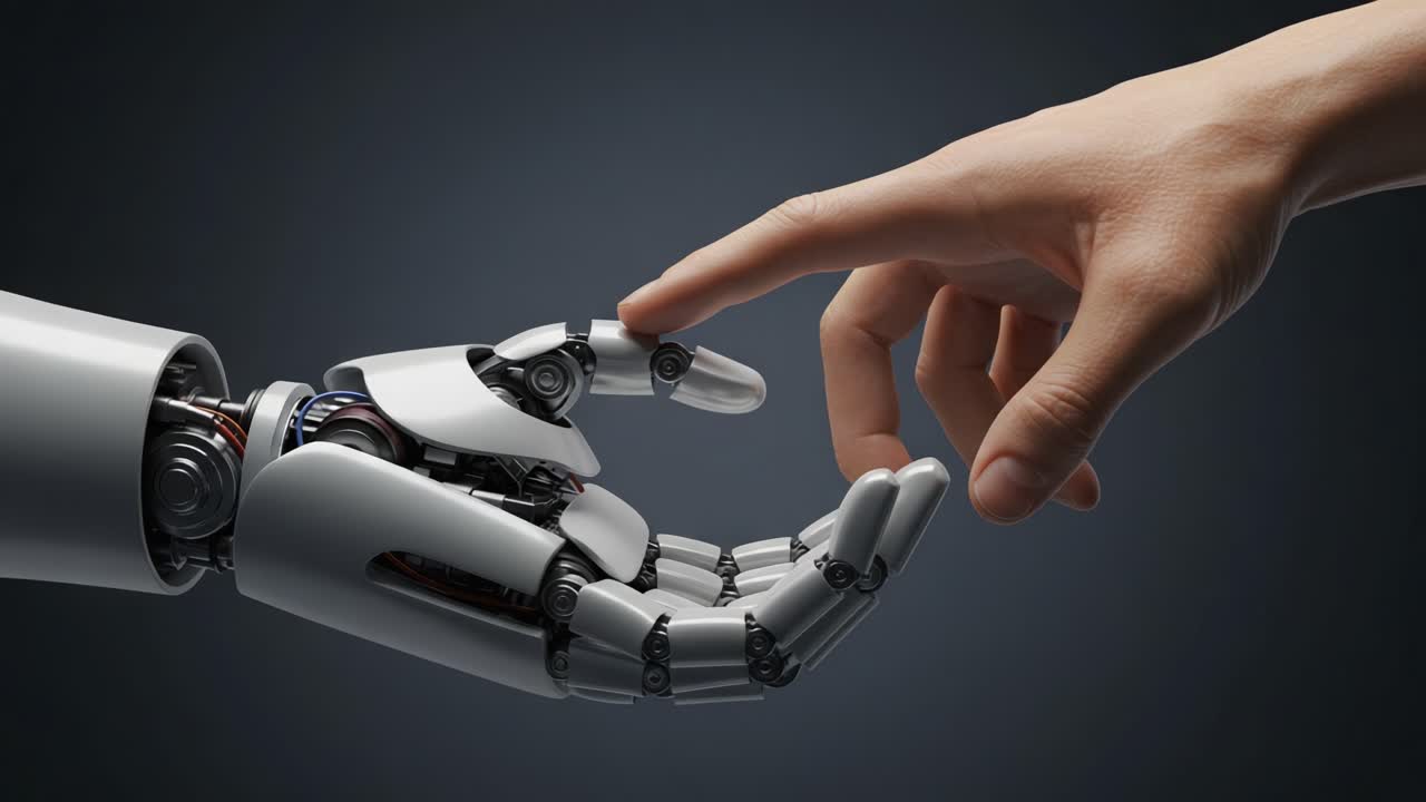 A Human Hand and a Robotic Hand Reach Out to Each Other: Exploring the Intersection of Technology and Humanity in a Moment of Connection