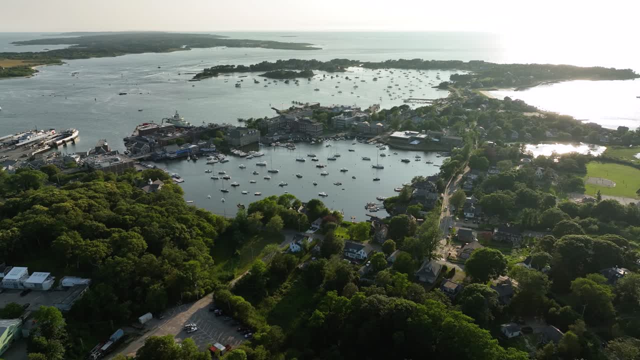 Drone shot of boats seeking refuge in Cape Cod's protective harbors