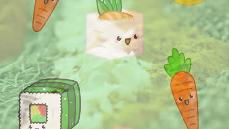 animación de ilustración con verduras y sushi sobre alimentos frescos