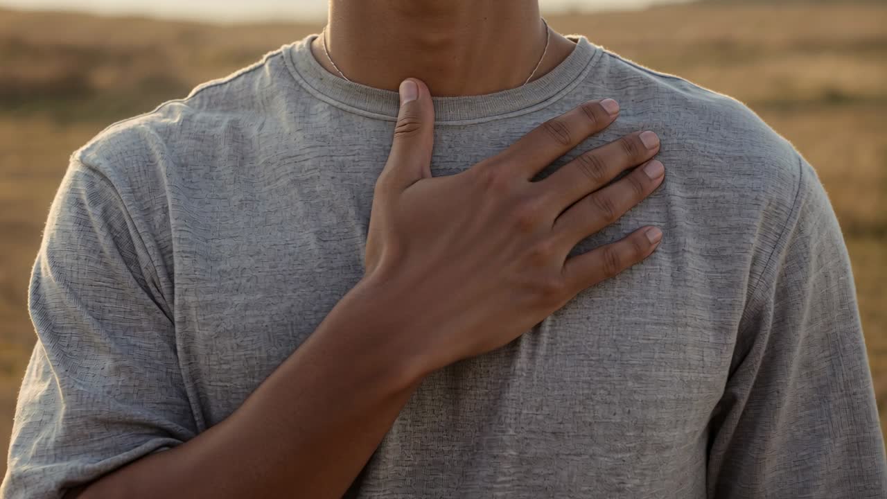 Un uomo con maglietta grigia e catena d'argento si protende, spostando la mano destra sul petto sinistro in una pianura erbosa.