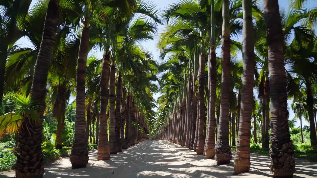 Majestic palm trees line a tranquil white sand path, creating a serene tropical avenue bathed in sunlight, evoking feelings of peace, tranquility, and the allure of exotic destinations