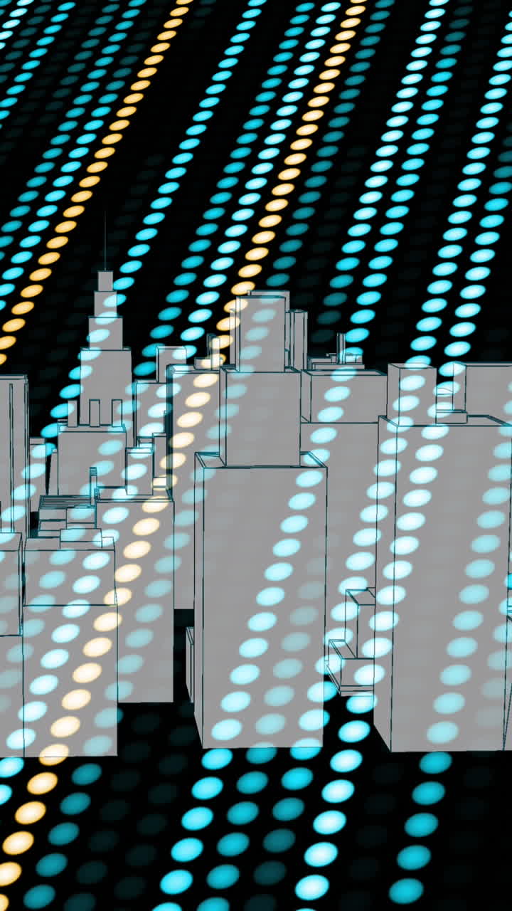 Animation of metaverse city and yellow and green lines on black background