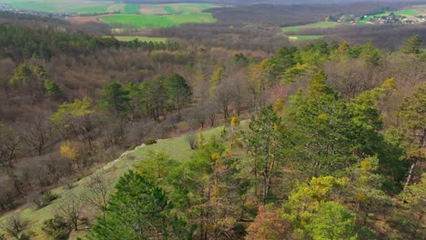 Hilly-Landscape-With-Meadows-And-Forests---Aerial-Drone-Shot