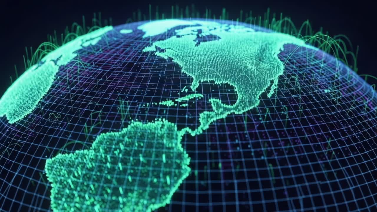 Visual Representation of Our Planet: A Stunning Digital Earth Globe Model Featuring Dynamic Grid Patterns and Lively Geometric Effects for a Captivating Aesthetic Experience