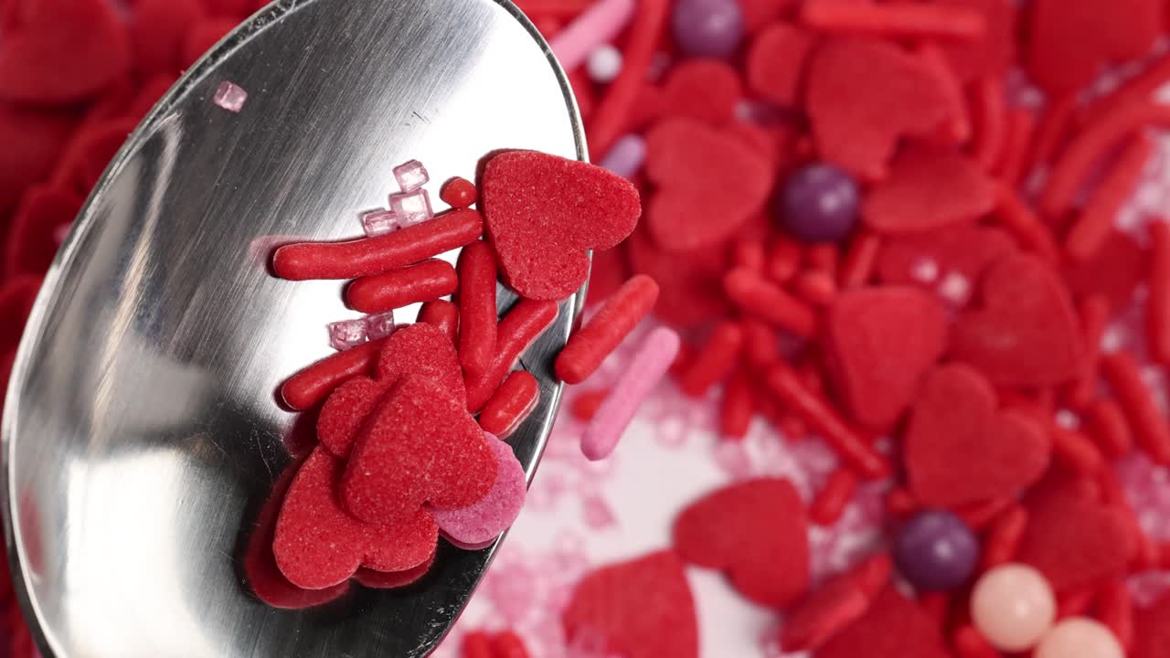 Vibrant candy hearts and sprinkles in red and pink hues with a metal spoon, under bright lighting