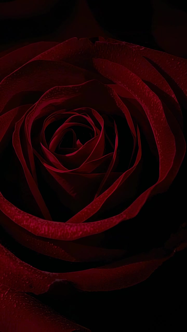 Video verticale: obiettivo che zooma allontanandosi per rivelare una rosa rosso intenso con rugiada in studio, mostrando petali vellutati
