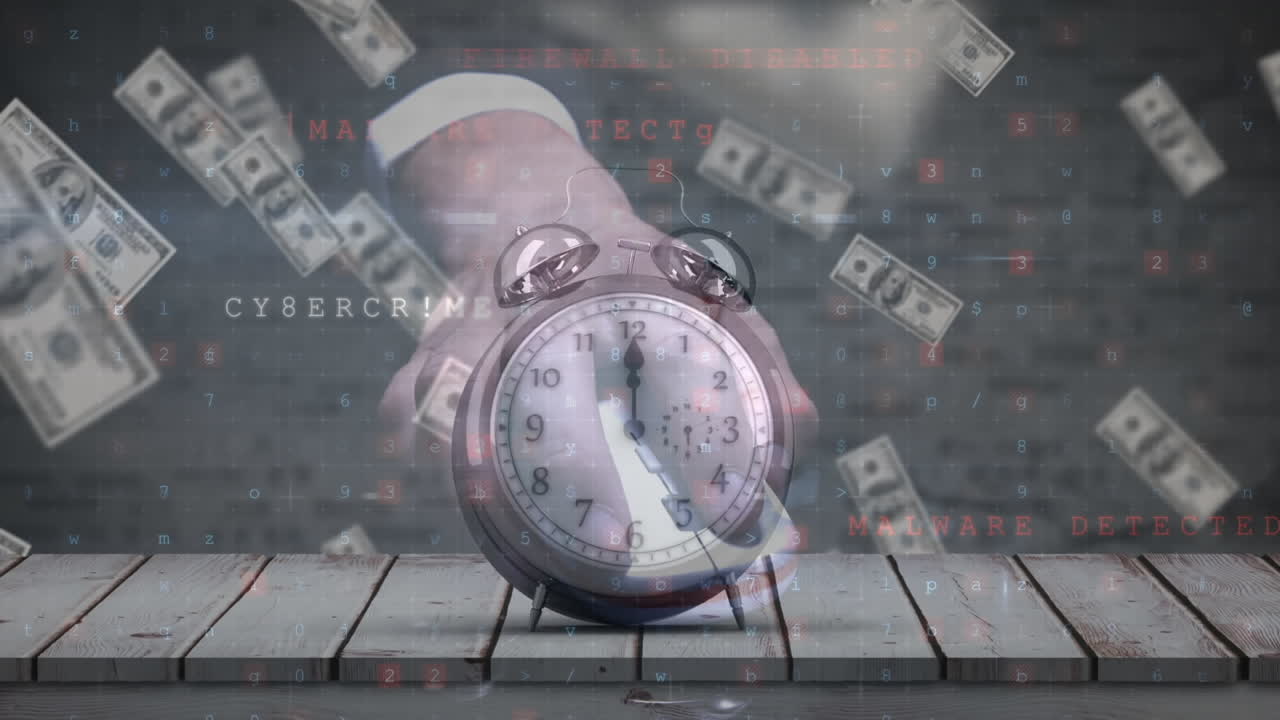 Animación de números, mano y reloj sobre billetes de dólar cayendo