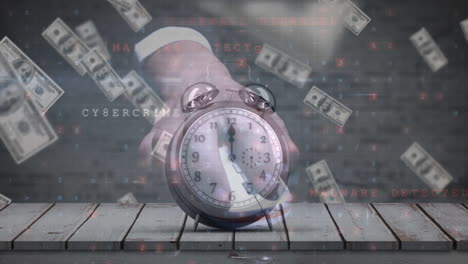 animación de números, manecillas y reloj sobre billetes de dólar que caen