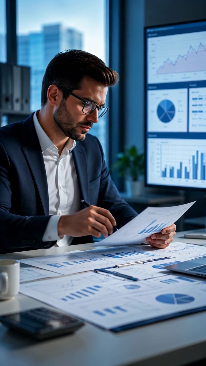 Un uomo concentrato con gli occhiali studia rapporti stampati e annota dati finanziari a una scrivania in un ufficio moderno, con più monitor a parete che mostrano grafici e diagrammi.