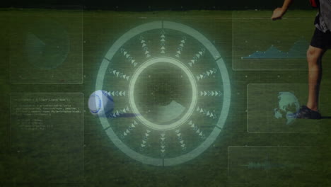 soccer player on field with digital data and analytics overlay animation
