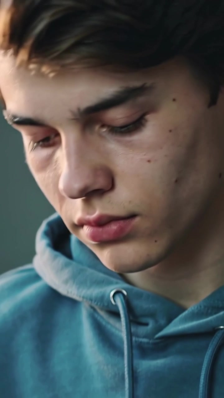 Video verticale: Un adolescente con felpa con cappuccio afferra il telefono, tocca lo schermo leggendo a un tavolo di legno, con una tazza bianca vicina.