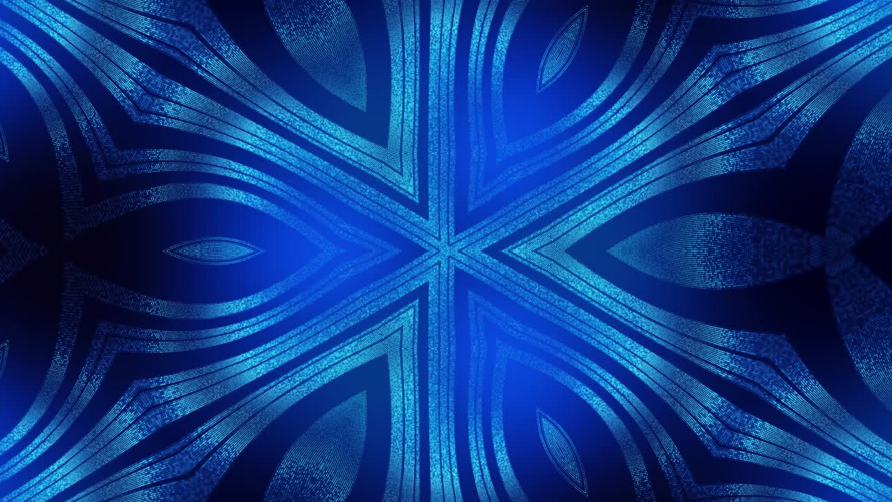 빛나는 입자의 4k 루프 추상적인 파란색 배경은 구부러진 선을 형성하고, 카레도스코프 홀로그램과 같은 대칭 구조의 표면을 형성합니다.