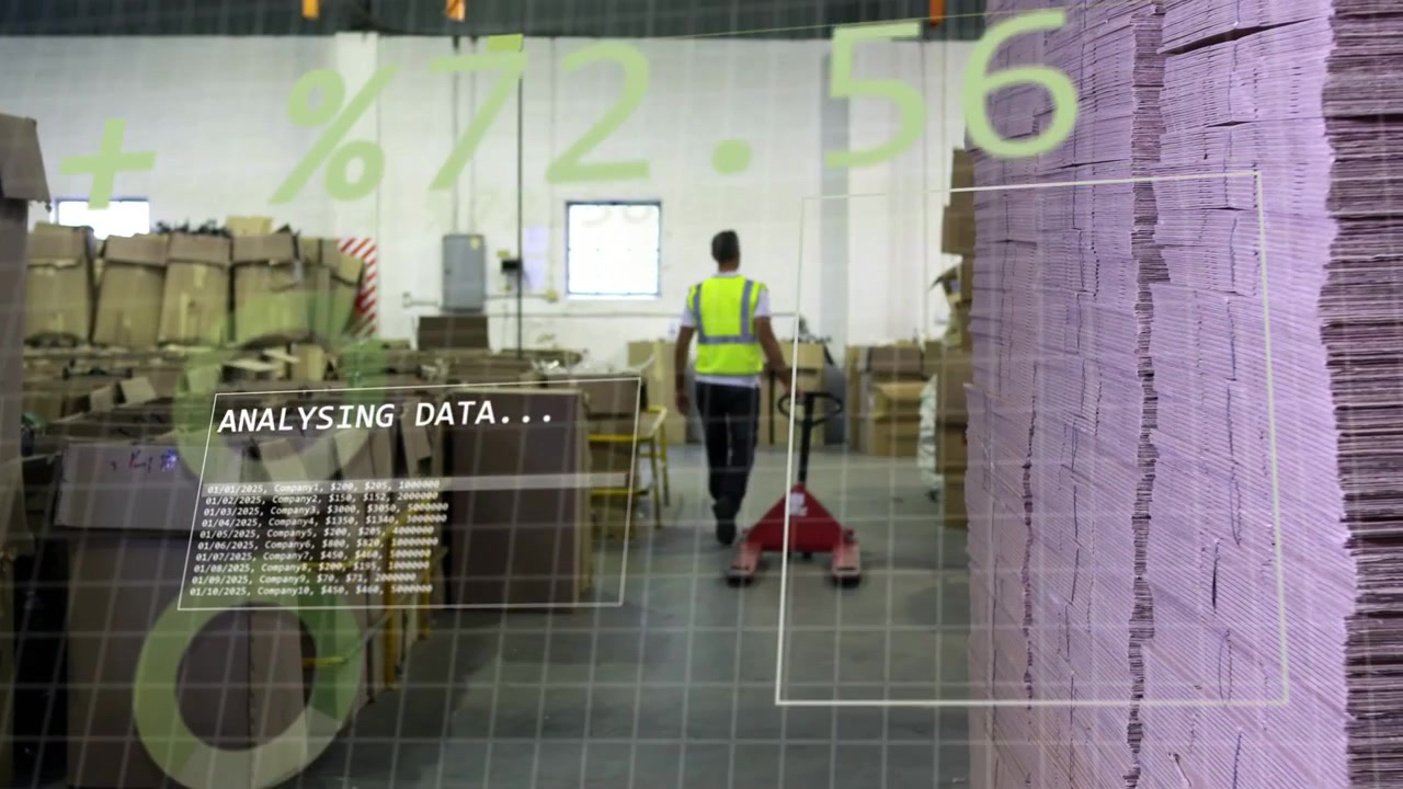 Warehouse worker pulling red pallet jack down aisle, HUD analysing data guiding inspection