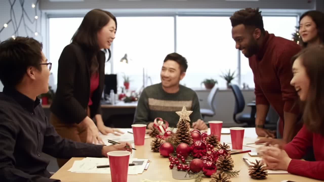 A Festive Team Meeting Celebrating the Holiday Spirit with Decorations, Laughter, and Collaboration in a Cozy Office Environment