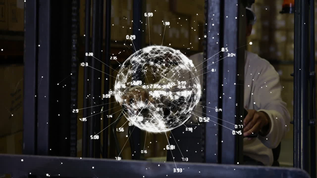 글로벌 네트워크 데이터 포인트 애니메이션: 창고 노동자가 포크리프트를 운용하는 장면