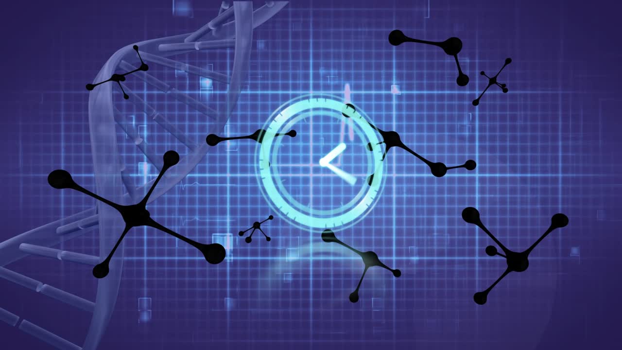 Animação de moléculas, relógio e DNA em fundo azul
