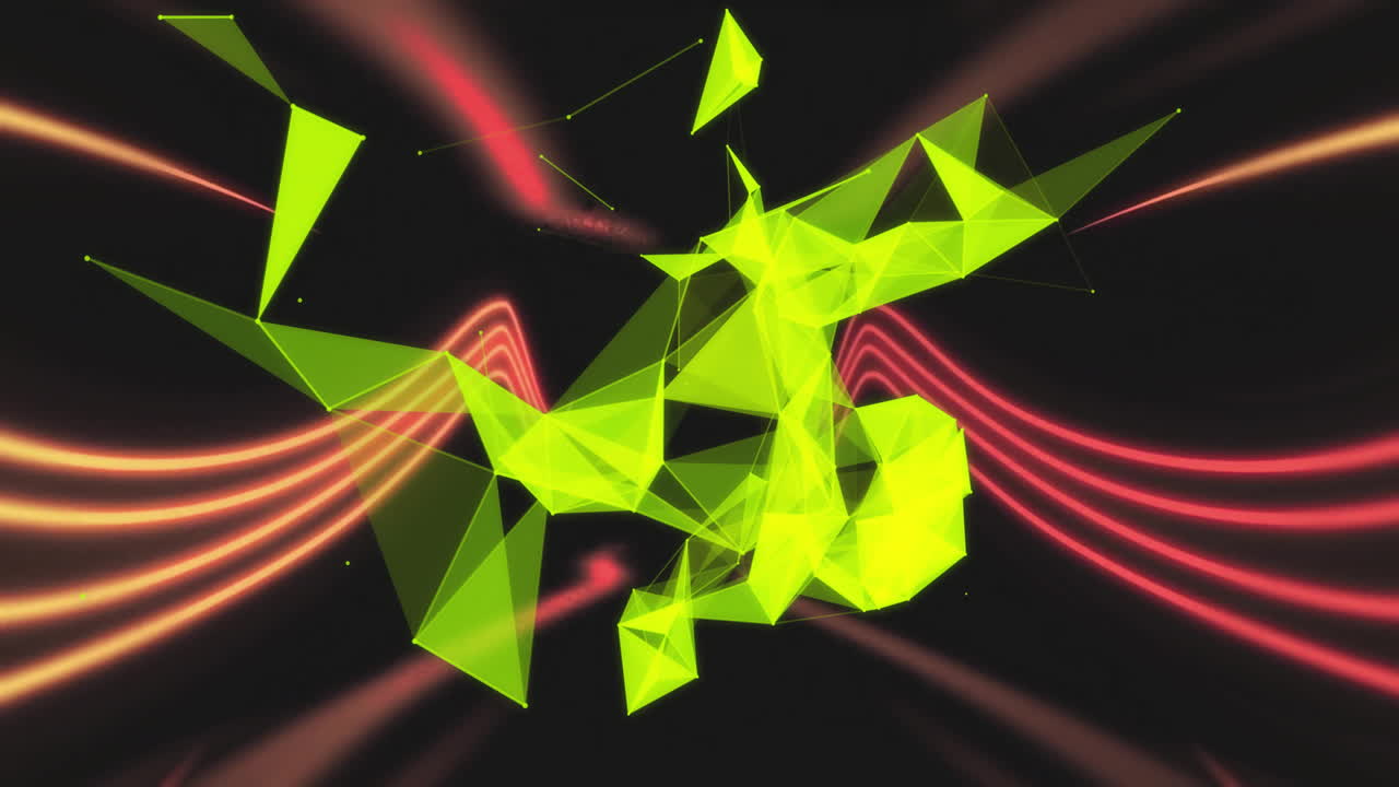 Animation of 3d yellow network over glowing light waves changing colour on black background
