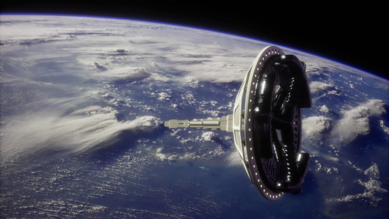 Space station orbiting earth with cloud formations and the ocean visible