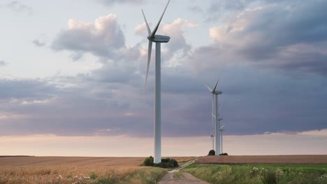 a row of wind turbines in the wheat fields on the sunset