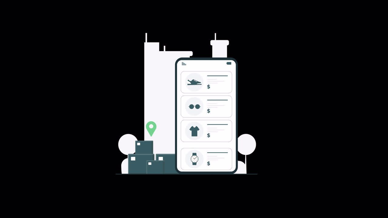 Animated Smartphone Displaying Online Shopping Products and Delivery