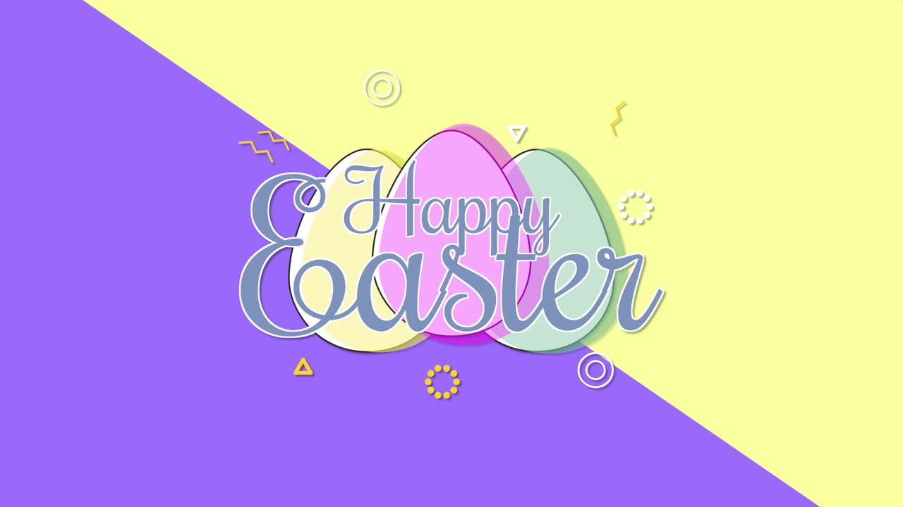 보라색과 노란색 현기증에 애니메이션 근접 촬영 행복 한 부활절 텍스트와 계란