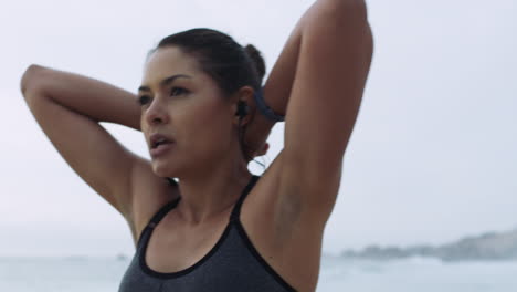 Woman-runner,-beach-and-stretching-with-breathing