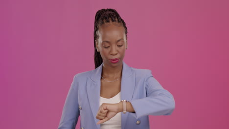 watch, late and face of a black woman in a studio