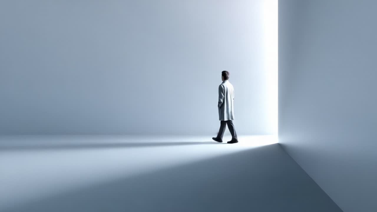 Una figura solitaria in uno spazio minimalista e illuminato esplora la transizione dalla quiete al movimento, simboleggiando l'introspezione e la ricerca di uno scopo.