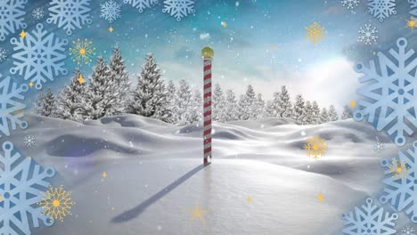 Animation-of-winter-scenery-and-north-pole-over-snow-falling